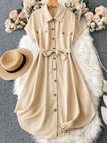 SHEIN LUNE Plus Size Casual Solid Color Batwing Sleeve Button Front Shirt Dress - Apricot - View 1