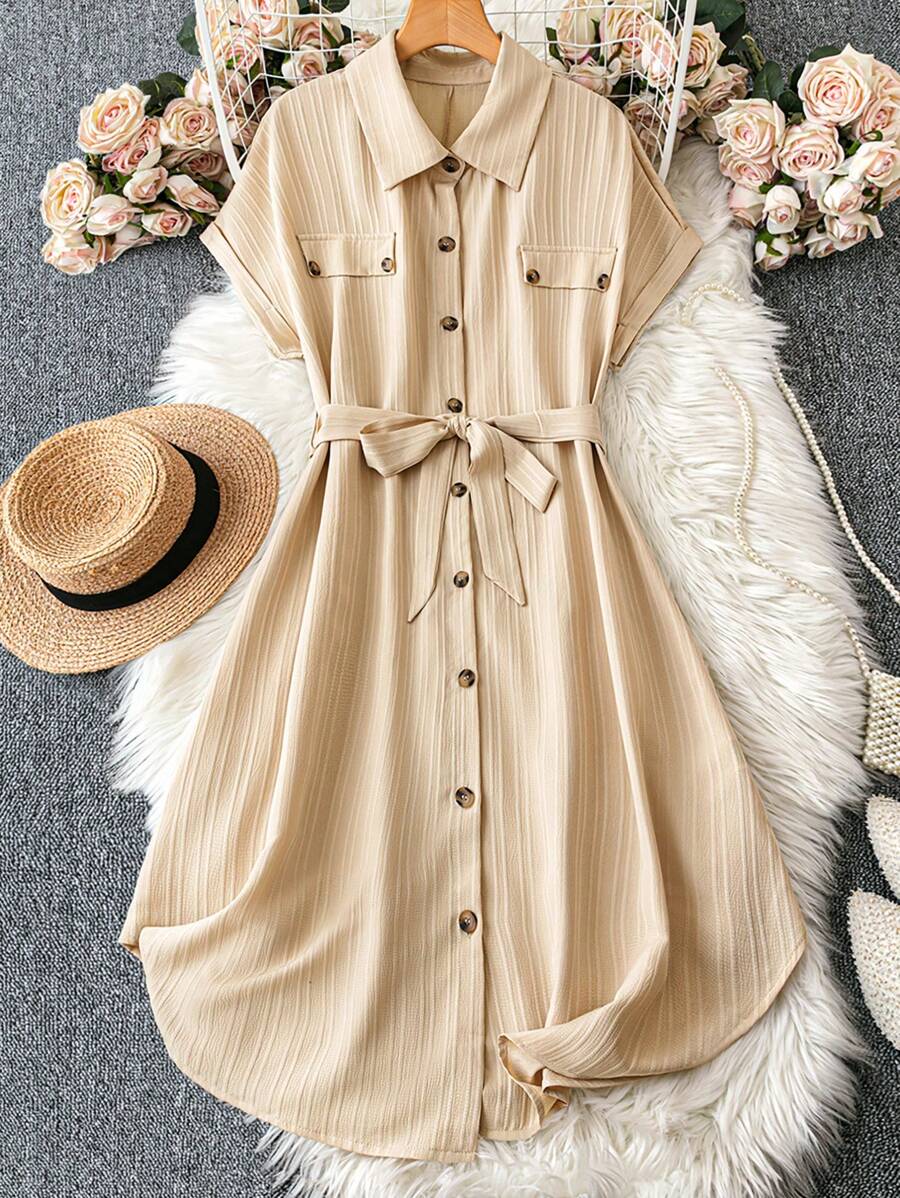 SHEIN LUNE Plus Size Casual Solid Color Batwing Sleeve Button Front Shirt Dress - Apricot - View 1