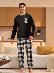 Manfinity Underwear&Sleepwear Basics 2 piezas Conjunto de prendas de estar en casa para hombre de cuello redondo de unicolor, de manga larga, con parche, estilo simple