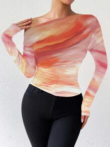 EMERY ROSE 春夏时尚大理石渐变印花不对称荷叶边长袖 T 恤图案 T 恤女式春季服装上衣