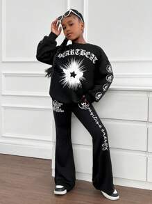 SHEIN Tween Girls Gothic Style Star & Text Graphic Print Thermal Lined Oversized Sweatshirt And Flare Pants Set