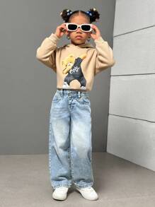 Young Girl Simple Button Front Pocket Casual Denim Jeans, School, Campus, College - Light Wash - View 3