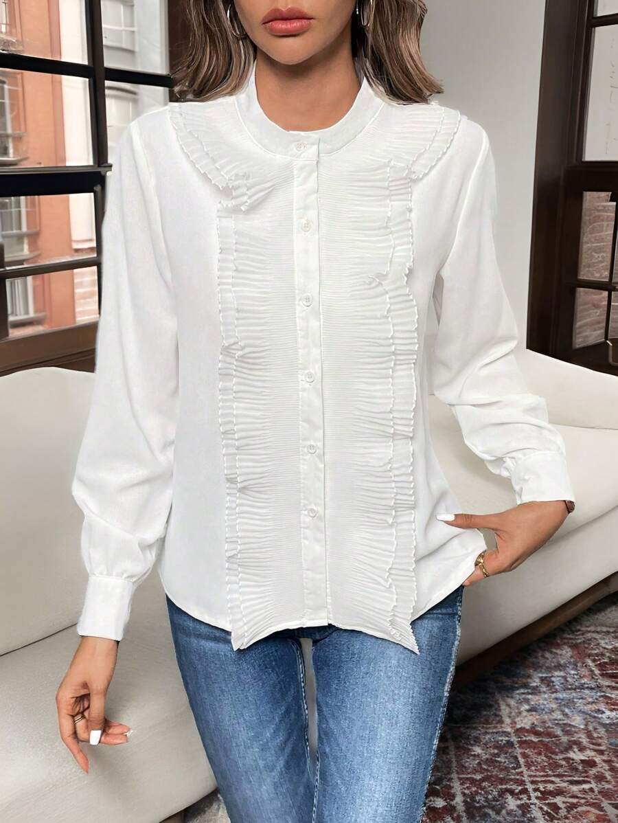 SHEIN LUNE Women's Solid Color Ruffled Long Sleeve Blouse - White - View 1