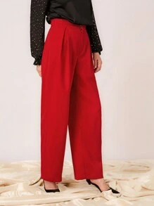 SHEIN LUNE 女士纽扣腰带口袋时尚直腿休闲优雅长裤 - 紅色 - 查看 4