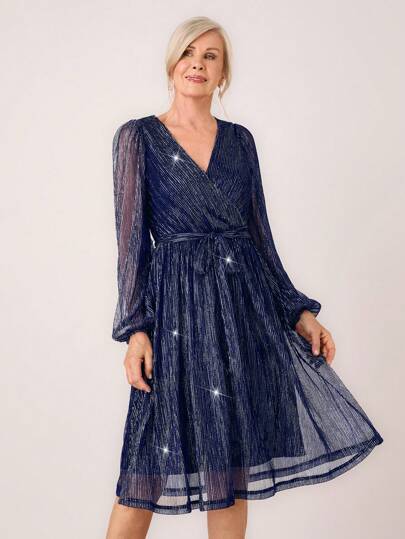 SHEIN LUNE Women V-Neck Long Sleeve Elegant Gentle Fashion Midi Dress