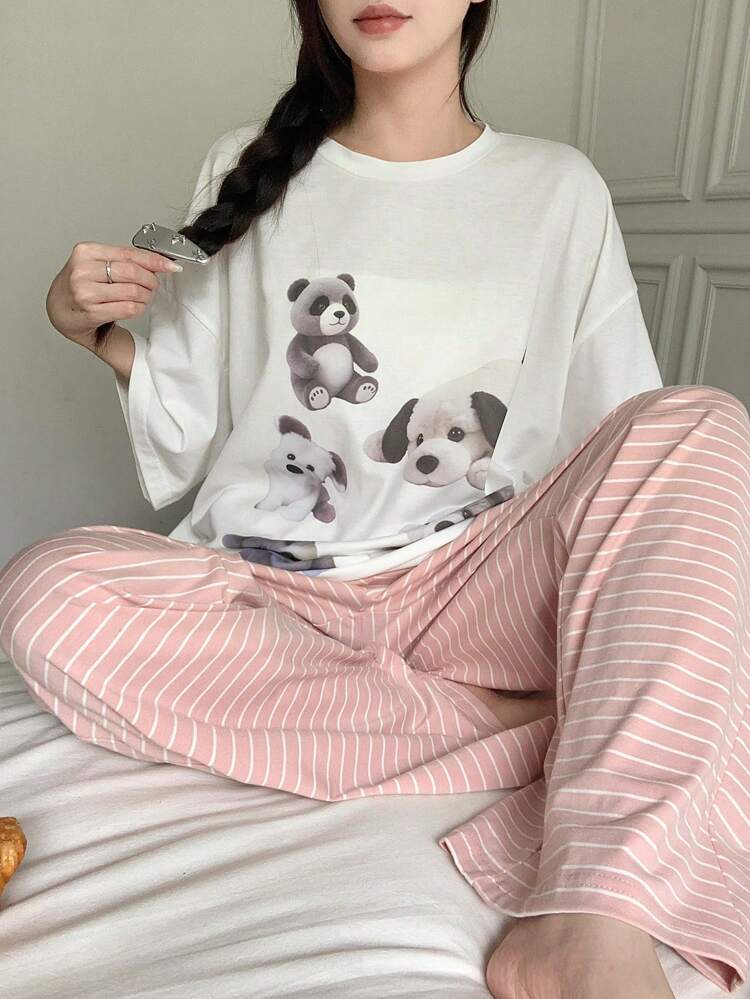 Cute Doll Print Loose Top And Striped Pants Sleepwear Pajama Set