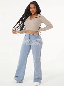 SHEIN Unity Women's Patchwork Frayed Hem Loose Straight Leg Casual Jeans - Light Wash - View 5
