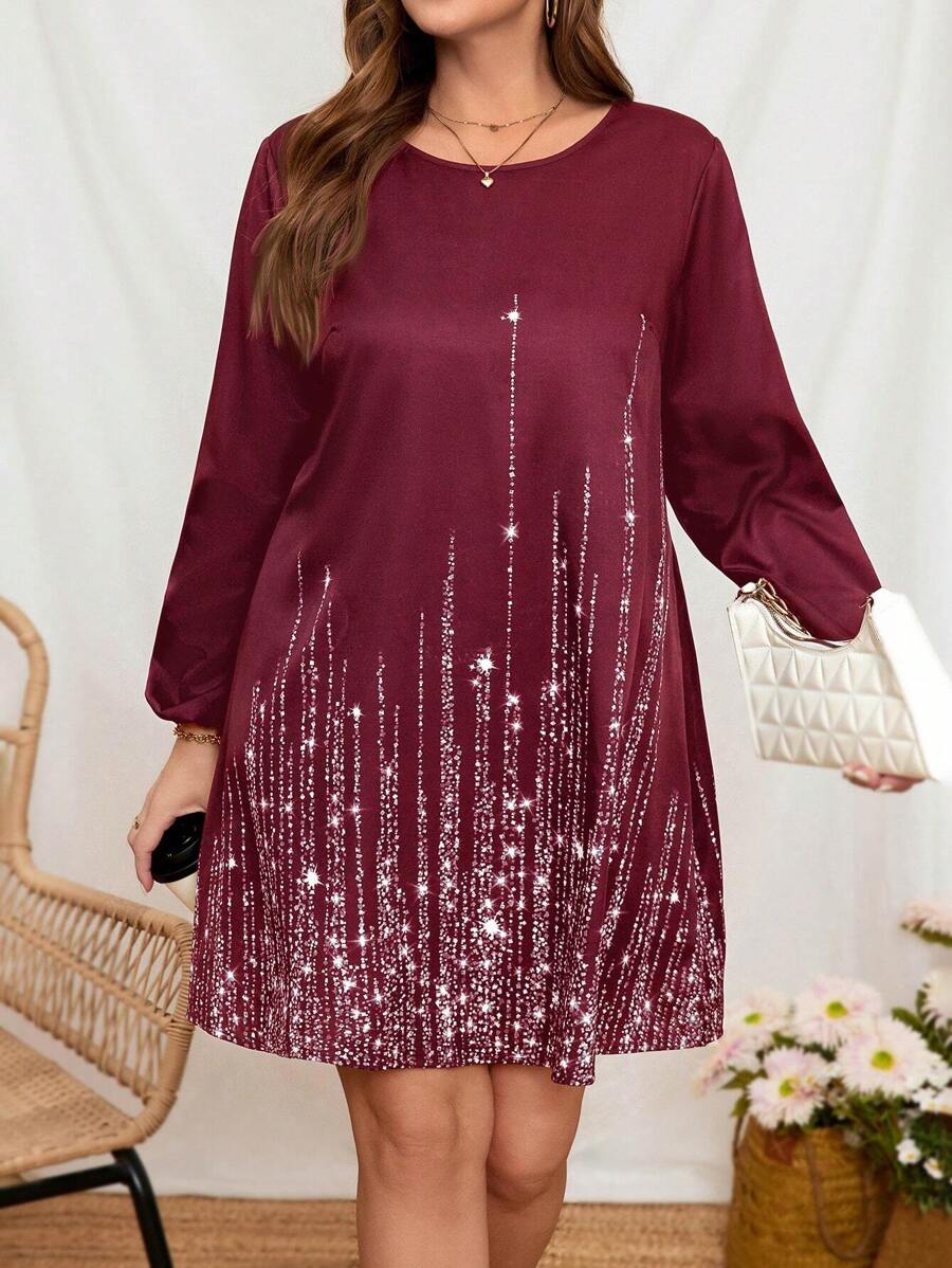 SHEIN LUNE Đầm cổ tròn tay dài họa tiết ngôi sao cỡ lớn cho nữ, mặc thường ngày và ngày lễ, váy lấp lánh - Màu Đỏ Sâu - Xem 1