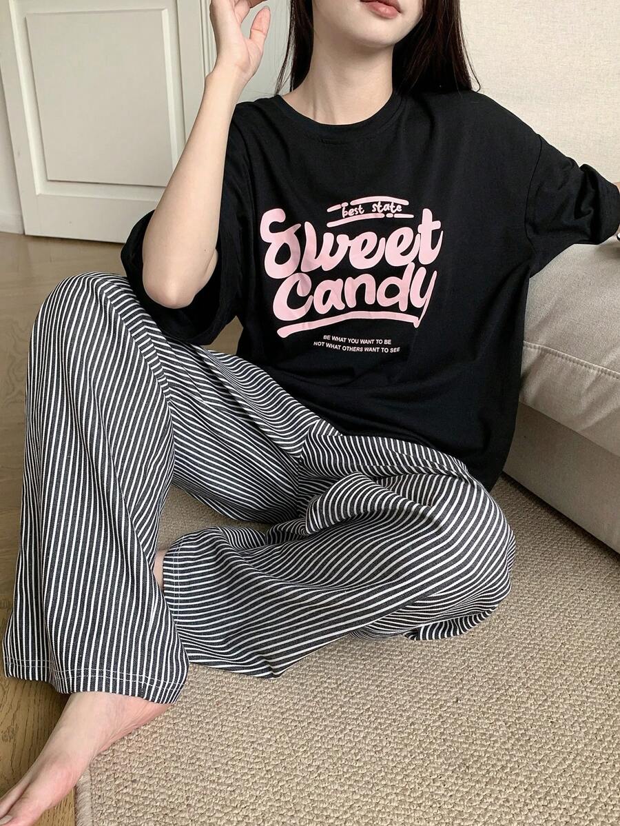 DAZY 2 件套圆领字母印花短袖上衣和休闲裤睡衣 - 黑色 - 查看 1