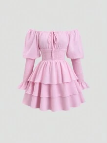 Sweetra Sexy Waist-Cinched Open Shoulder Puff Sleeve Pink Women Dress - Pink - View 3