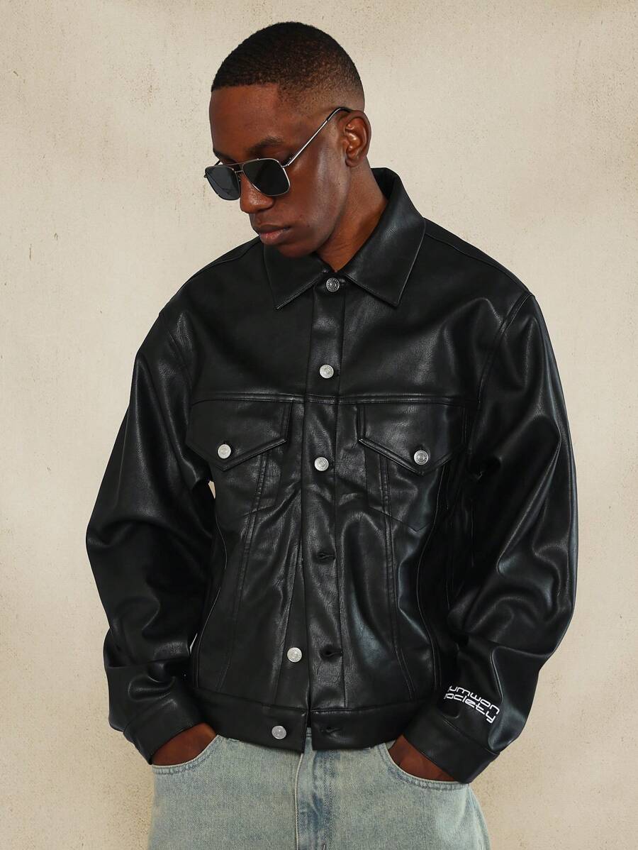 SUMWON Áo khoác da thuần chay sang trọng thời trang dạo phố Thiết kế cổ điển Cài nút phía trước Áo khoác ngoài thời trang mọi mùa Phụ kiện bạc Bộ sưu tập thu đông thiết yếu - màu đen - Xem 1