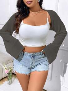 Flirla Women Plus Size Plain Flared Sleeve Cropped Cardigan , Bolero Top
