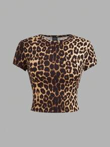 SHEIN EZwear 4 Áo thun nữ cổ tròn tay ngắn họa tiết động vật, dáng ôm vừa vặn cho mùa hè - Đen và trắng - Xem 6