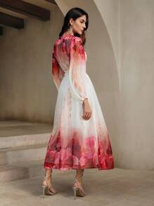 Anewsta Vestido francés elegante con mangas de linterna de manga larga, cintura media y diseño impreso de efecto ahuecado