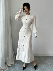 Elenzga Elegant Apricot Lantern Sleeve Waisted Long Sweater Dress, Spring/Autumn - Apricot - View 3