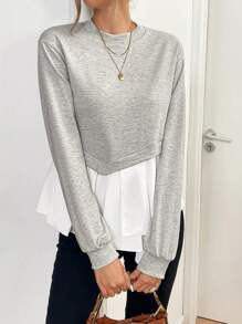 SHEIN Essnce Jersey de cuello redondo para mujer, otoño 2024, diseño asimétrico con bloqueo de color y empalme, jersey de otoño 2 en 1, parte superior suelta con dobladillo en A, gris, manga larga