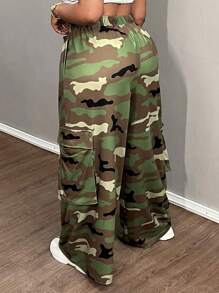 Slaydiva Plus Size Summer Casual Sports Simple Street Cargo Three-Dimensional Pocket Camouflage Wide-Leg Pants Women's Pants