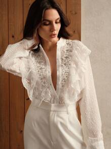 Anewsta Embellished Lace Panel Ruffle Hem Pearl Bead Embroidered Voile Blouse Women Shirt