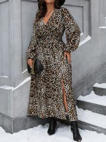 SHEIN Clasi 大码 V 领长袖休闲豹纹优雅连衣裙 - 棕色 - 查看 4