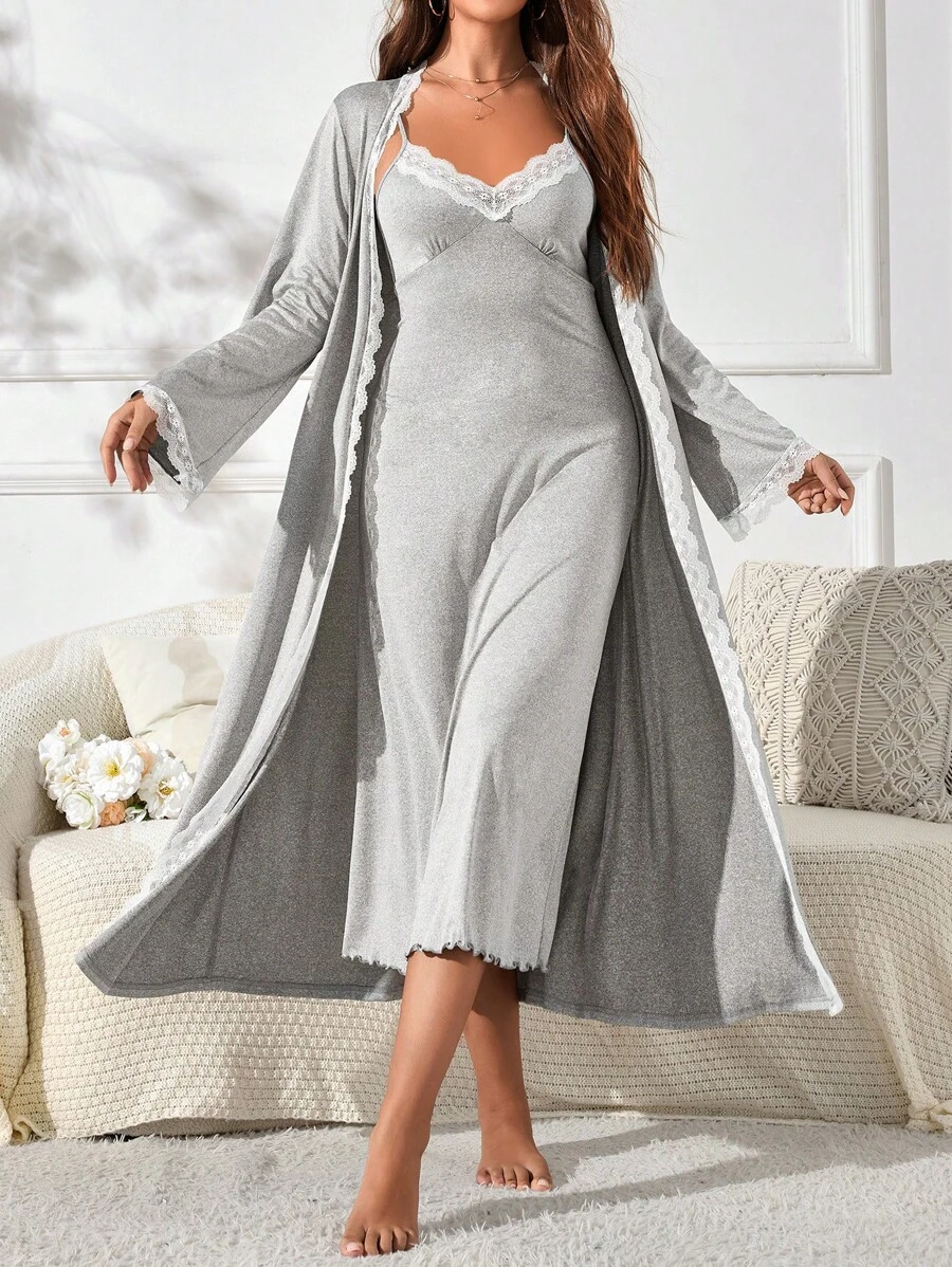 Côtesoire Women's Long Sleeve Lace Trim Robe And Spaghetti Strap Elegant Sleep Dress Pajama Set, Fall Winter Clothes Cozy And Elegant Details - Grey - View 1