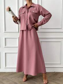 Cottnline 100% Cotton Pink Pinstripe Shirt And Skirt Woven Fabric Set - Pink - View 7