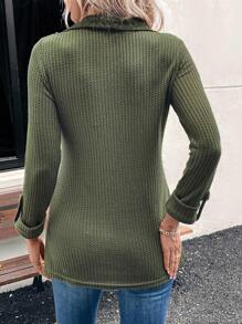 EMERY ROSE 女式撞色蕾丝长袖前扣休闲衬衫 - 綠色 - 查看 2