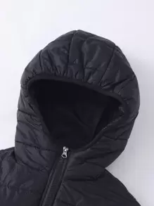 SHEIN جاكيت منفوخ أسود مبطن بالصوف ذو أكمام طويلة وغطاء رأس للفتيات المراهقات، أسلوب هالوين والخريف - الأسود - مشاهدة 5