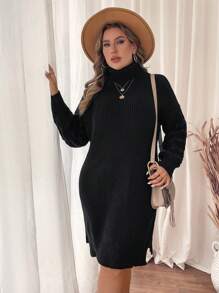 SHEIN Clasi Vestido de suéter de cuello alto de manga larga con textura talla grande