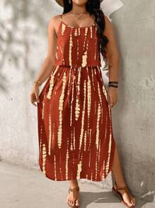 SHEIN LUNE Plus Size Skin-Friendly Tie-Dye A-Line Spaghetti Strap Dress - Brown - View 6