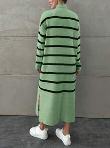 EURMUSE Abito maglia a collo alto con spacchi laterali, a righe colorate, casual, autunno per donne - Menta Verde - Visualizzare 2