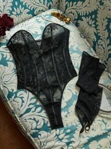 PinupPomp Bộ đồ liền thân ren hoa ôm sát - Bộ đồ liền thân corset cổ điển quyến rũ, thanh lịch và gợi cảm dành cho nữ Bộ đồ lót Goth Setlingerie>Bộ đồ lót Blacklingerie Ensembleblack - màu đen - Xem 2