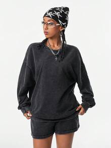 SHEIN EZwear Áo nỉ và quần short Coolane Streetwear Casual Washed Drop Shoulder - màu đen - Xem 3