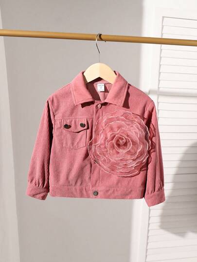 SHEIN Young Girl And Young Girl Pink Corduroy Floral Embellished Casual Jacket, Suitable For Outings, Everyday Wear, Casual Gatherings, Pairing With Pants Or Skirts, Autumn/Winter