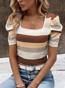 SHEIN LUNE Classic Colorful Striped Square Neck Puff Sleeve Women T-Shirt - Multicolor - View 1