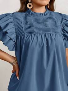 SHEIN LUNE 加大码双层短袖简约褶裥休闲上衣，适合派对、节日穿着，亮片点缀 - 藍色 - 查看 5