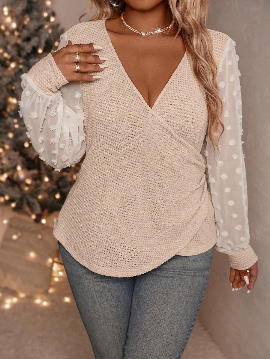 SHEIN Clasi Plus Size Women Crossover V-Neck Ruched Side Mesh Trim Long Sleeve Blouse, Spring Summer - Apricot - View 1