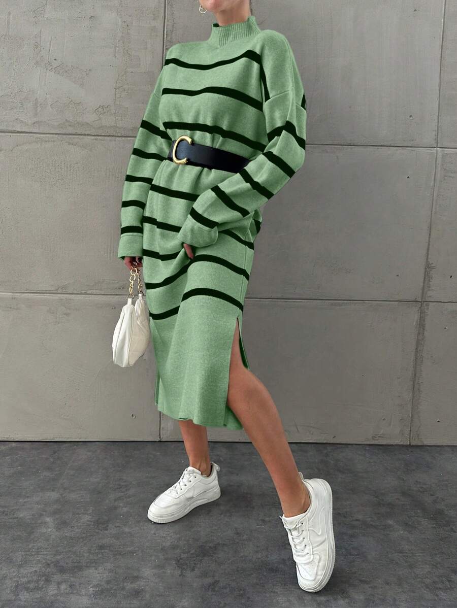 EURMUSE Abito maglia a collo alto con spacchi laterali, a righe colorate, casual, autunno per donne - Menta Verde - Visualizzare 1