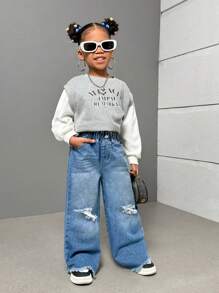 SHEIN Explorewe Young Girls Washed & Faded Denim Jeans - Medium Wash - View 4