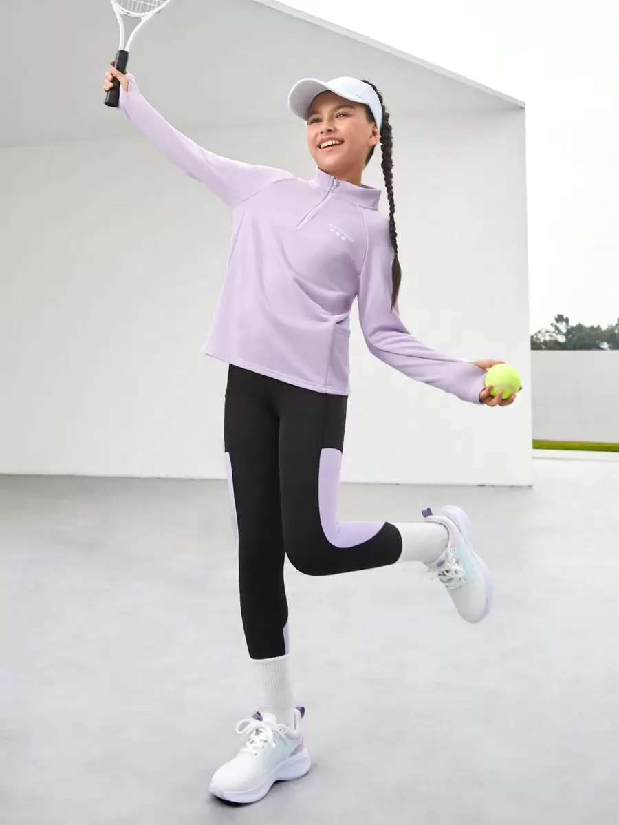 Sparklyn Tween 女童浅紫色长袖透气 T 恤，儿童户外运动训练上衣 - 淡紫色 - 查看 1