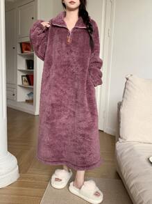 DAZY Minimalist Half-Zip Flannel Thick Housedress,Thermal Lined Fall,Winter - Purple - View 4
