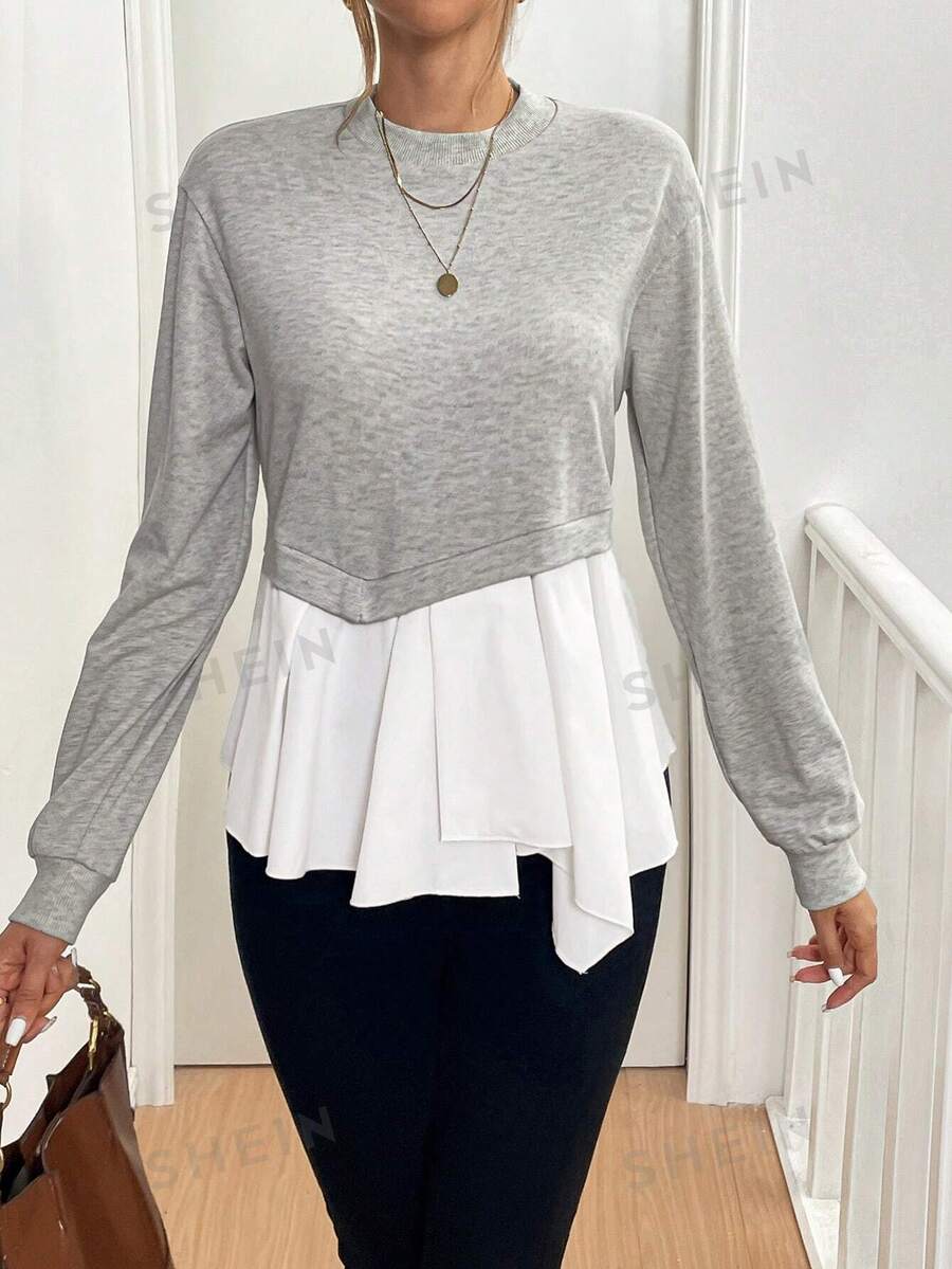 SHEIN Essnce Jersey de cuello redondo para mujer, otoño 2024, diseño asimétrico con bloqueo de color y empalme, jersey de otoño 2 en 1, parte superior suelta con dobladillo en A, gris, manga larga