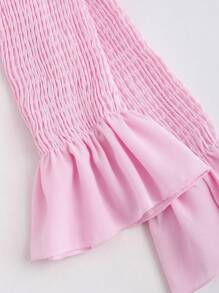 Sweetra Sexy Waist-Cinched Open Shoulder Puff Sleeve Pink Women Dress - Pink - View 4