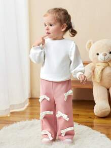 SHEIN Baby Girl Cute Pink Bow Elastic Waist Pants, Autumn/Winter