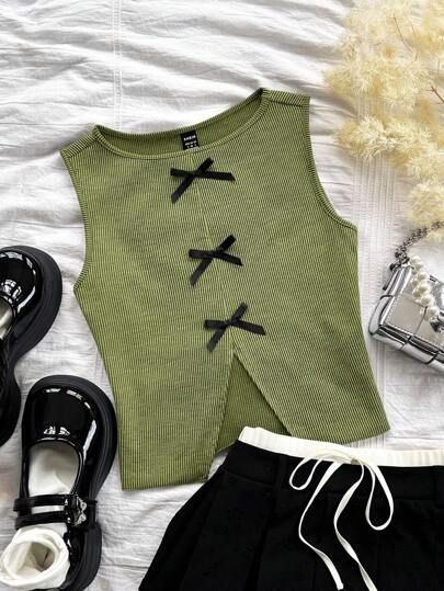 Soleia 度假女士休闲复古提花仿旧复古条纹面料前中开衩蝴蝶结装饰背心