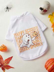 Dudeline Artist Cute Kawaii Pumpkin & Ghost Print White Pet T-Shirt For Halloween, Holiday