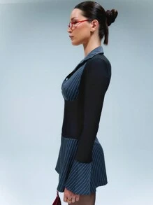 TypaGal Color Block Stripe Spliced Oversized Cuff Long Sleeve Shirt Dress,Valentines Outfit - Grey - View 6