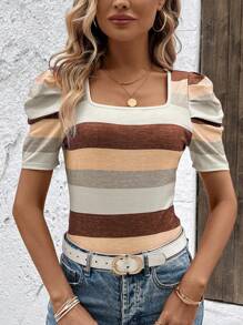 SHEIN LUNE Classic Colorful Striped Square Neck Puff Sleeve Women T-Shirt - Multicolor - View 5