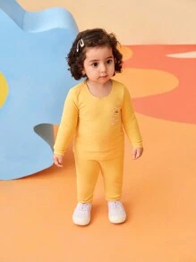 SHEIN Baby Girls Thermal Lined Bear Embroidered Base Layer Outfit, Warm Winter - Multicolor - View 8