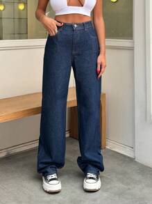 RueChic 100% 纯棉女式直筒高腰牛仔裤 - 中等水洗藍 - 查看 6