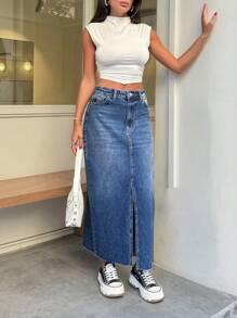 RueChic Chân váy xẻ tà cổ điển 100% cotton lưng vừa - Màu xanh lam - Xem 6